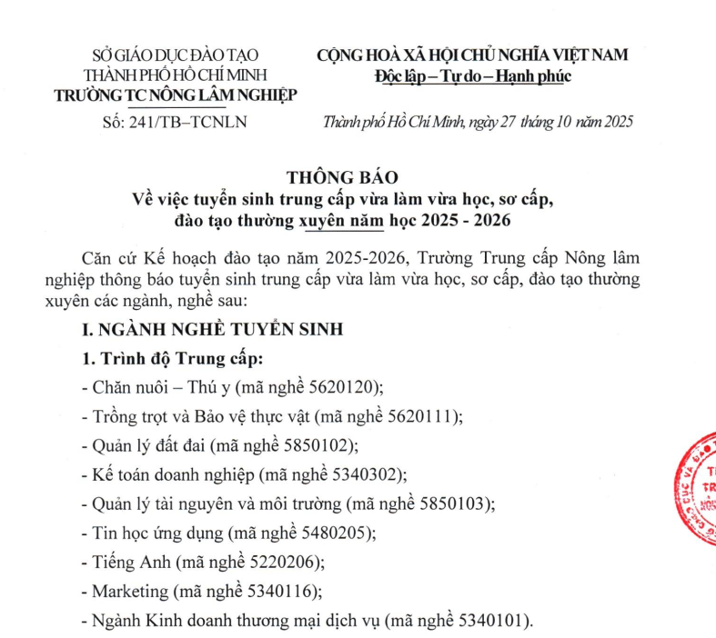 Thông báo tuyển sinh trung cấp VLVH, sơ cấp, đào tạo thường xuyên năm học 2025-2026